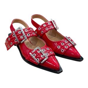 Ganni Red Patent Pointed Slingback Flats with Buckle Straps